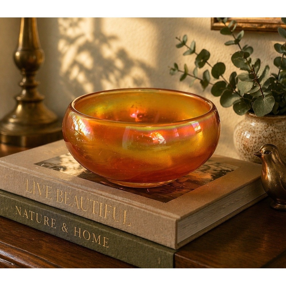 Vintage‎ Carnival Glass Orange Iridescent Round Bowl Minimalist Smooth Glass